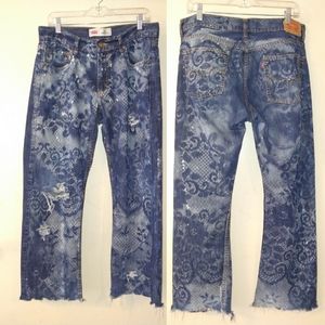 Lace Print Levi's jeans 514 distressed altered 14H upcycled Red Tab OOAK